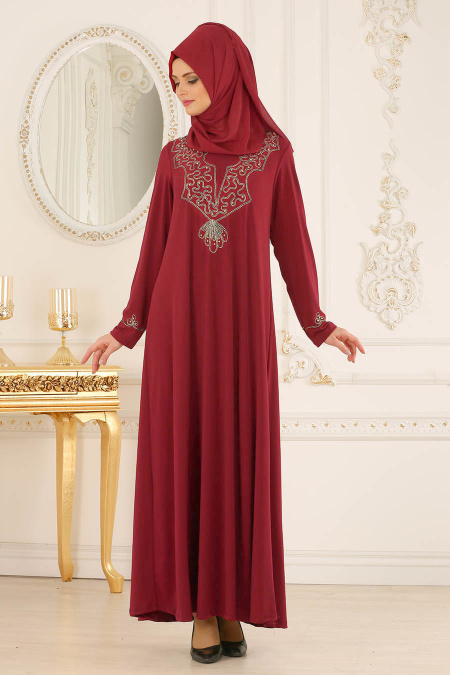 Nayla Collection - Önü İşlemeli Bordo Tesettür Elbise 5893BR