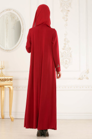 Nayla Collection - Önü İşlemeli Bordo Tesettür Elbise 5893BR - Thumbnail