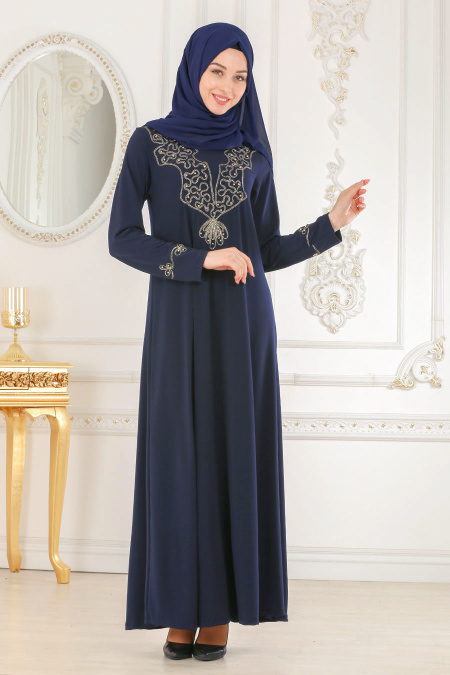 Nayla Collection - Önü İşlemeli Lacivert Tesettür Elbise 5893L