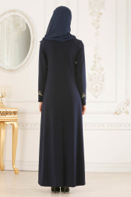 Nayla Collection - Önü İşlemeli Lacivert Tesettür Elbise 5893L - Thumbnail