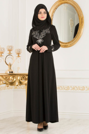 Nayla Collection - Önü İşlemeli Siyah Tesettür Elbise 5893S - Thumbnail