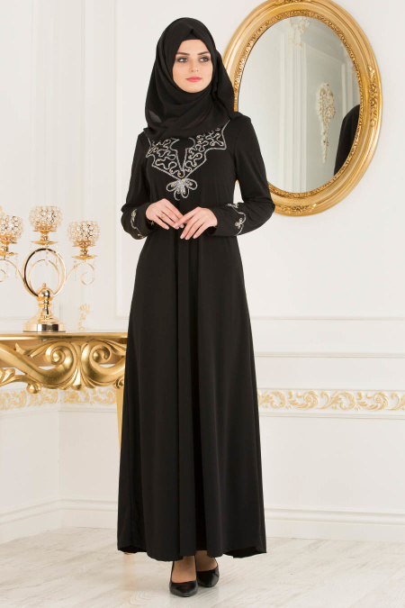 Nayla Collection - Önü İşlemeli Siyah Tesettür Elbise 5893S