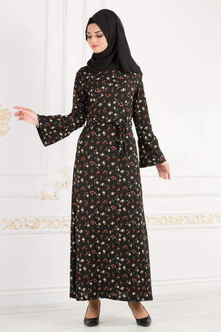 Nayla Collection - Papatya Desenli Volan Kol Siyah Tesettür Elbise 18001S