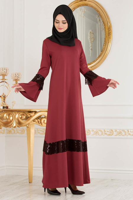 Nayla Collection - Payet Detaylı Bordo Tesettür Elbise 78480BR
