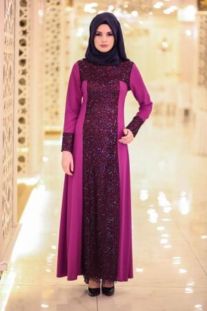 Nayla Collection - Payet Detaylı Fuşya Elbise - 1