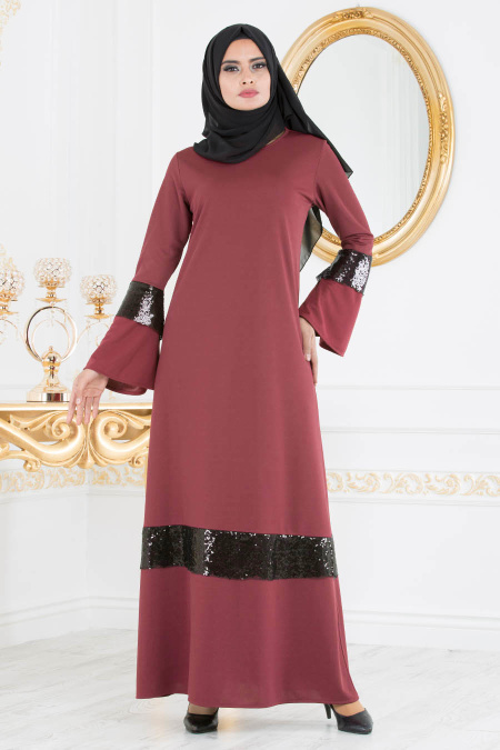 Nayla Collection - Payet Detaylı Gül Kurusu Tesettür Elbise 78480GK