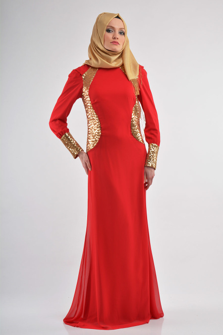 Nayla Collection - Payet Detaylı Kırmızı Elbise