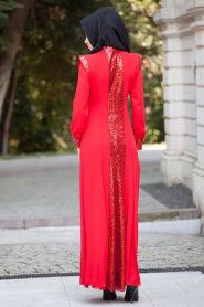 Nayla Collection - Payet Detaylı Kırmızı Elbise - Thumbnail