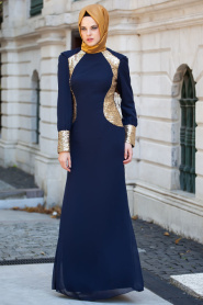 Nayla Collection - Payet Detaylı Lacivert Elbise - Thumbnail