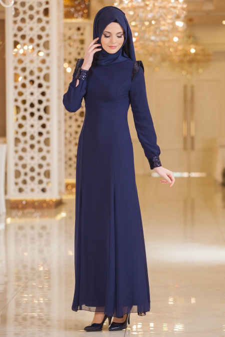 Nayla Collection - Payet Detaylı Lacivert Elbise