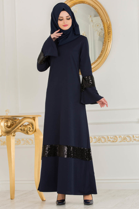 Nayla Collection - Payet Detaylı Lacivert Tesettür Elbise 78480L