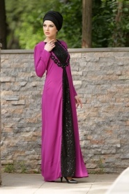 Nayla Collection - Payet Detaylı Mürdüm Tesettür Elbise 4033F - Thumbnail