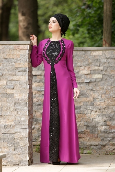 Nayla Collection - Payet Detaylı Mürdüm Tesettür Elbise 4033F