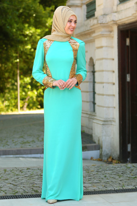 Nayla Collection - Payet Detaylı Mint Elbise