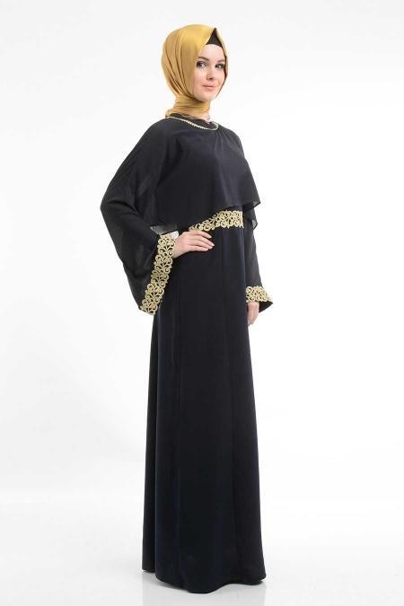 Nayla Collection - Pelerinli Lacivert Elbise - 2