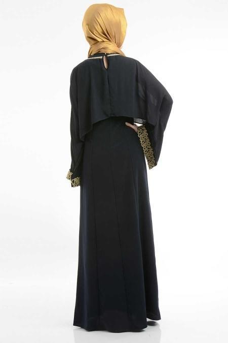 Nayla Collection - Pelerinli Lacivert Elbise - 3