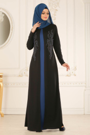 Nayla Collection - Petrol Blue / Black Hijab Dress 12009PM - Thumbnail