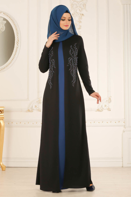 Nayla Collection - Petrol Blue / Black Hijab Dress 12009PM