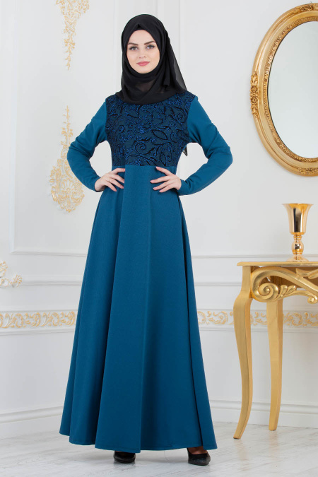 -Nayla Collection - Petrol Blue Hijab Dress 79270PM