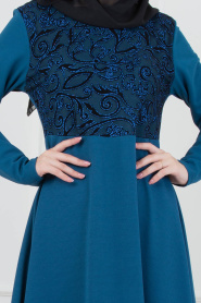-Nayla Collection - Petrol Blue Hijab Dress 79270PM - Thumbnail