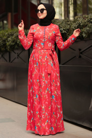 Nayla Collection - Pileli Turuncu Tesettür Elbise 81810T - Thumbnail
