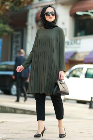 Nayla Collection - Piliseli Haki Tesettür Tunik 40751HK - 1