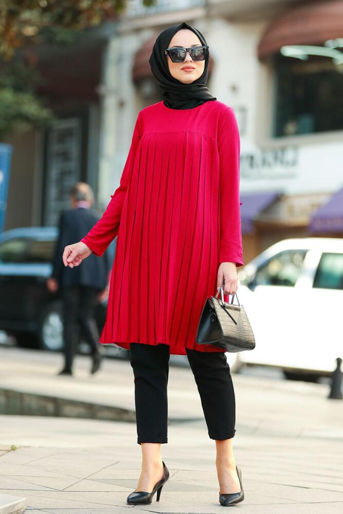 Nayla Collection - Piliseli Kırmızı Tesettür Tunik 40751K - 1