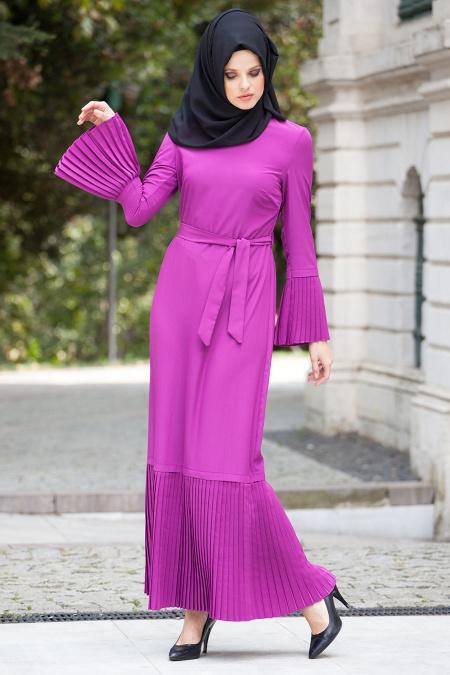 Nayla Collection - Plise Detaylı Fuşya Elbise - 3