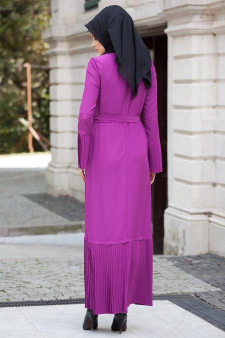 Nayla Collection - Plise Detaylı Fuşya Elbise - 2