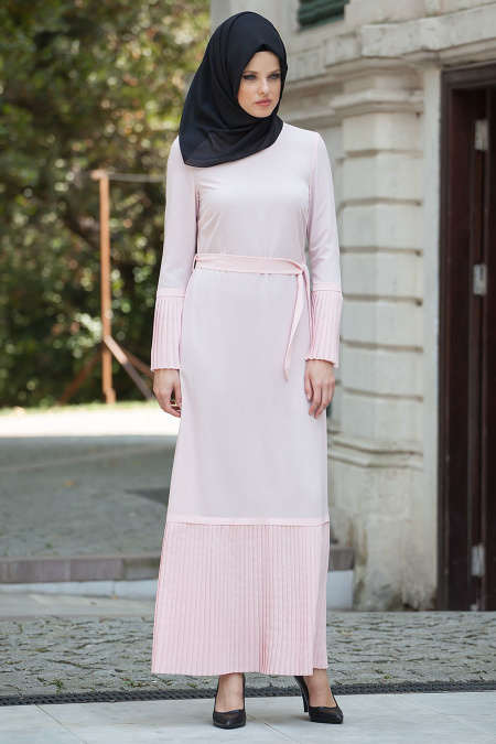 Nayla Collection - Plise Detaylı Somon Elbise