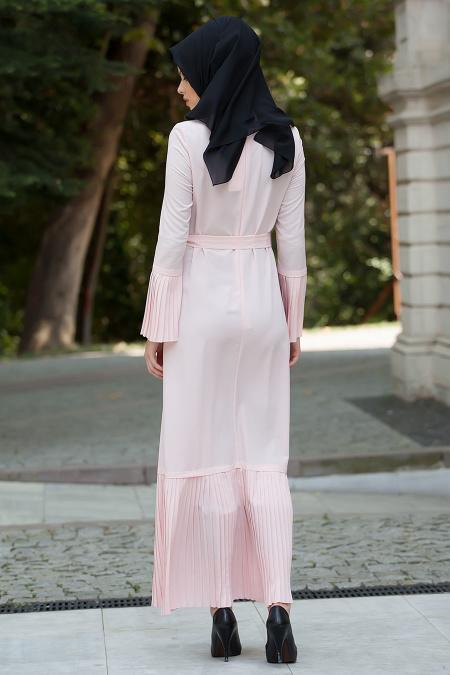 Nayla Collection - Plise Detaylı Somon Elbise - 3