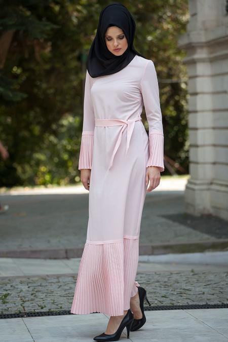 Nayla Collection - Plise Detaylı Somon Elbise - 2