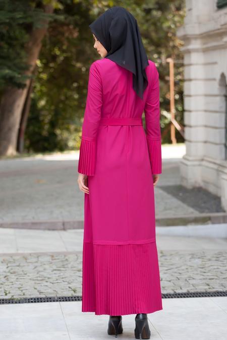 Nayla Collection - Plise Detaylı Vişne Elbise - 3