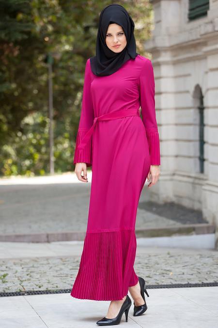 Nayla Collection - Plise Detaylı Vişne Elbise - 2