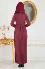 Nayla Collection - Pliseli Bordo Tesettür Elbise 8244BR - Thumbnail