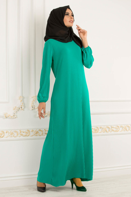 Nayla Collection - Pliseli Çağla Yeşili Tesettür Elbise 22170CY