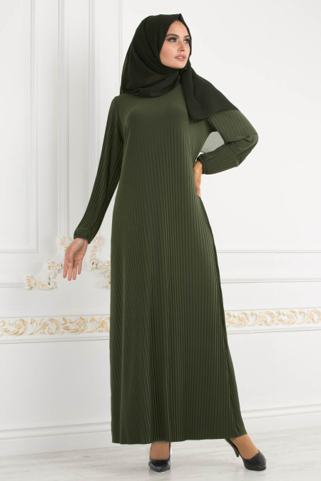 Nayla Collection - Pliseli Haki Tesettür Elbise 22170HK