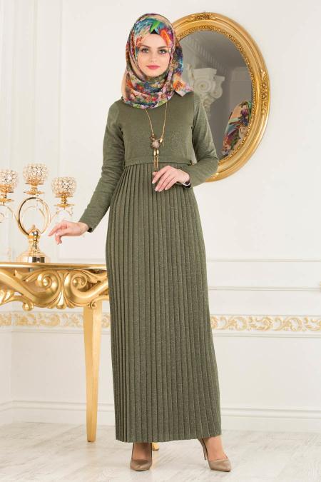 Nayla Collection - Pliseli Haki Tesettür Elbise 8244HK