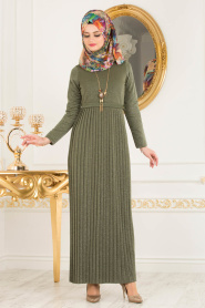 Nayla Collection - Pliseli Haki Tesettür Elbise 8244HK - Thumbnail