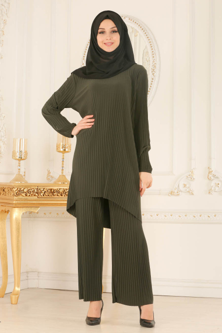 Nayla Collection - Pliseli Haki Tunik / Pantolon Tesettür Takım 560HK