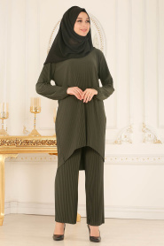 Nayla Collection - Pliseli Haki Tunik / Pantolon Tesettür Takım 560HK - Thumbnail