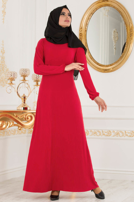 Nayla Collection - Pliseli Kırmızı Tesettür Elbise 22170K