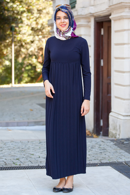 Nayla Collection - Pliseli Lacivert Elbise