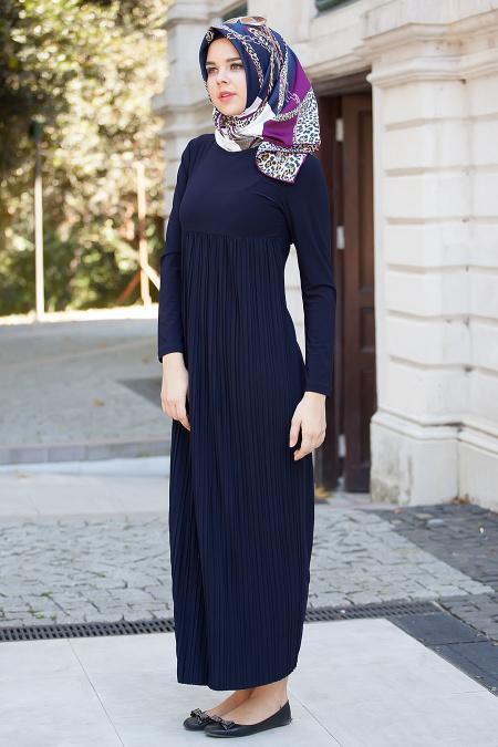 Nayla Collection - Pliseli Lacivert Elbise - 2