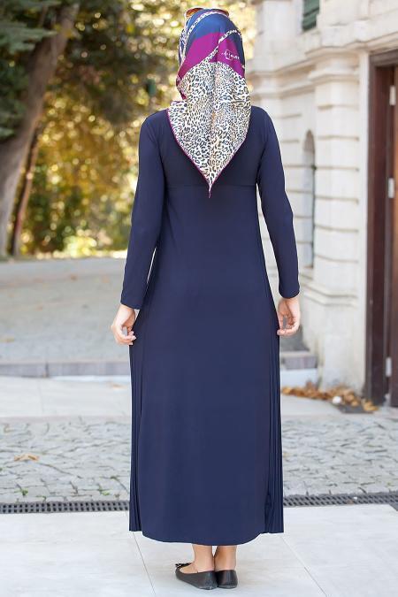 Nayla Collection - Pliseli Lacivert Elbise - 3