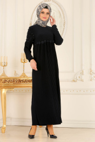 Nayla Collection - Pliseli Lacivert Tesettür Elbise 537L - Thumbnail