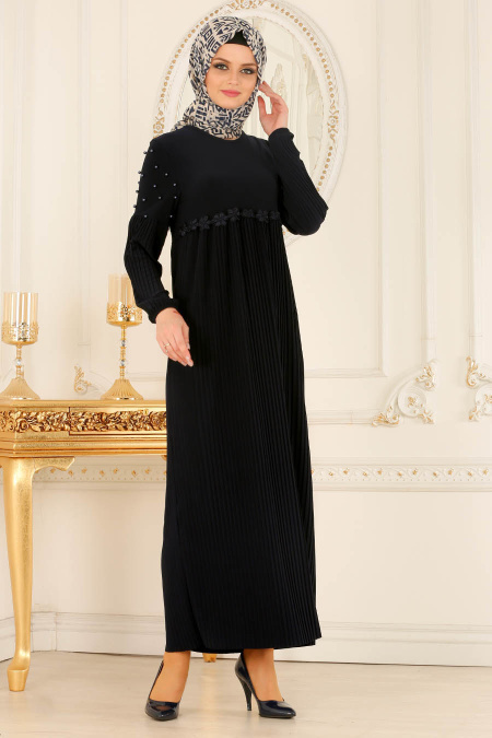 Nayla Collection - Pliseli Lacivert Tesettür Elbise 537L