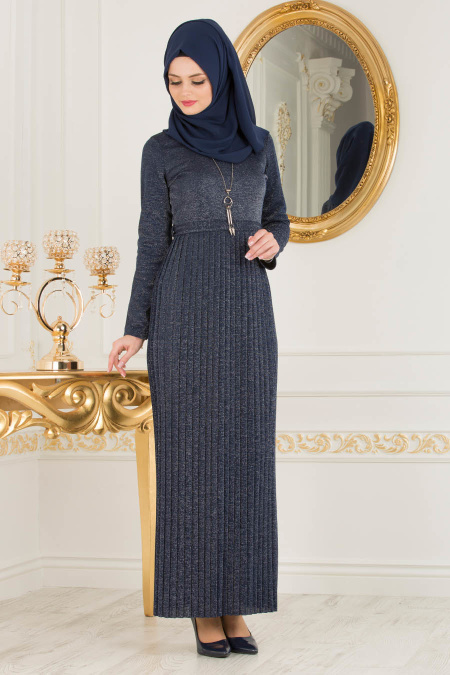 Nayla Collection - Pliseli Lacivert Tesettür Elbise 8244L