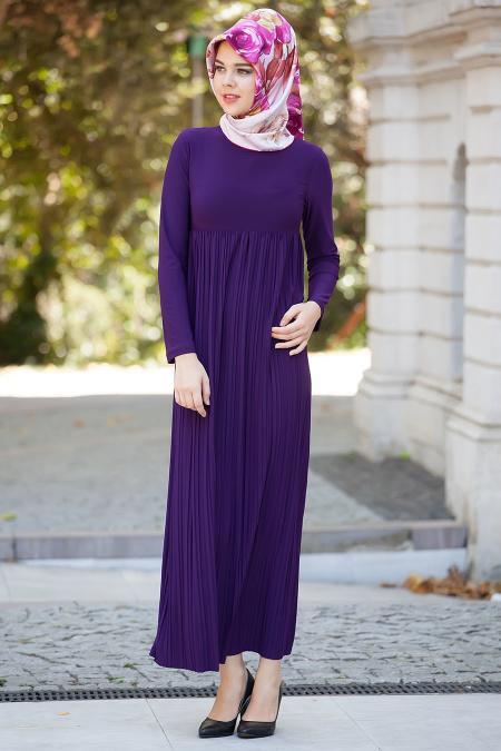 Nayla Collection - Pliseli Mor Elbise - 2