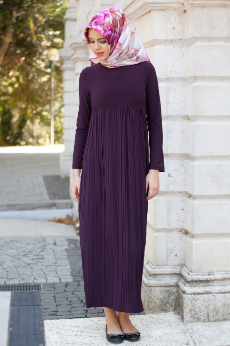Nayla Collection - Pliseli Mürdüm Elbise
